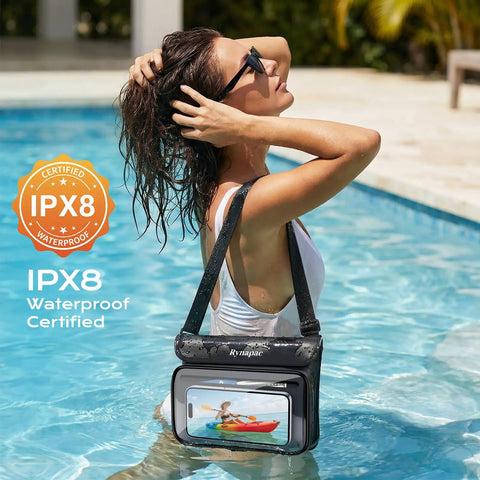Woman in pool with Go-To IPX8 Waterproof Fanny Pack For Women Up To 8.5 Inches Floating Phone Pouch, displaying phone screen