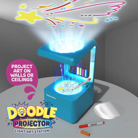 Doodle Projector Art Station For Kids With Reusable Drawing Discs And 6 Dry Erase Markers Project Drawings On Walls And Ceilings A No Mess Kid Friendly Arts And Crafts Kit Gift For Creative Play, blue projector art station with markers