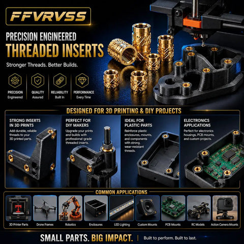 Pro Grade Lead Free Brass Threaded Inserts Kit M5x8x7mm Heat Set Hardware For 3D Printing Parts shown with tools and components.