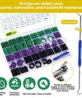 Massive 2225 Piece Rubber O Ring Assortment Kit With 38 Sizes And Hook Set, including green and purple O-rings in labeled box.