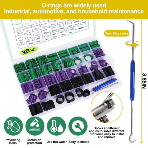 Massive 2225 Piece Rubber O Ring Assortment Kit With 38 Sizes And Hook Set, including green and purple O-rings in labeled box.