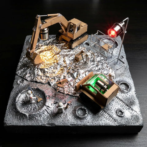 Miniature construction scene with 50 Pack Mini LED Lights Kit For Crafts And Dollhouses RGB Color Changing Battery Powered
