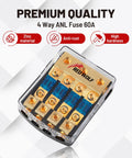 4 Way Mini Anl Fuse Holder 60A Fuse Distribution Block with zinc material and four positions for car and boat use.