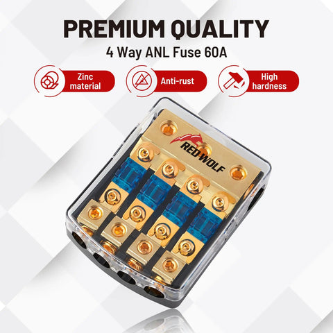 4 Way Mini Anl Fuse Holder 60A Fuse Distribution Block with zinc material and four positions for car and boat use.