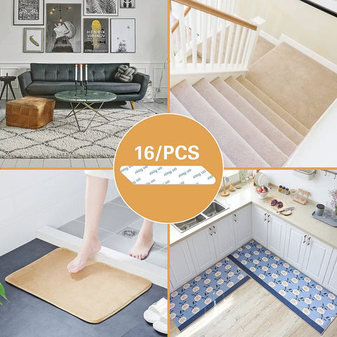 Collage showing No Slip Rug Tape Set 16 Pcs used on hardwood floors, stairs, bathroom, and kitchen corners