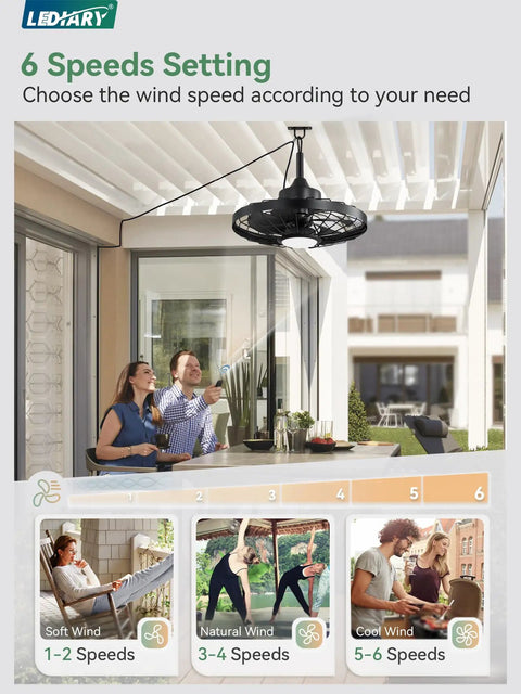 Outdoor Ceiling Fan With Lights For Patio And Gazebo IP65 Waterproof Hanging Fan With Remote Control shown installed on patio