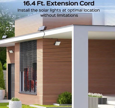 Image of Ultra Bright Solar Outdoor Flood Lights 2800LM With 16.4 Ft Cable Remote Control Motion Sensor 3 Modes Solar Powered Security Lights For Yard Patio Garage Four Pack installed on modern house exterior.