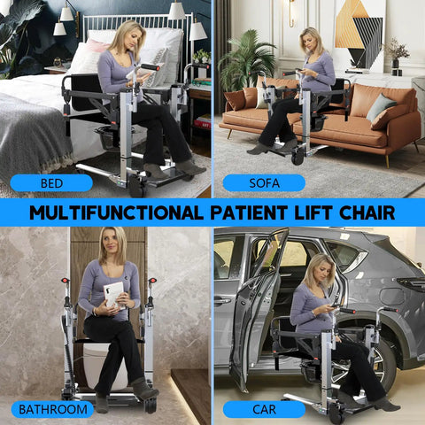 Rock Solid Workhorse Electric Patient Lift with Hardcore Stainless Steel Frame for Heavy Duty Senior Transfers from Bed to Wheelchair or Floor Using Dual Handles for Hassle Free Home Health Care Support, shown in various settings: bed, sofa, bathroom, and car.