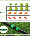Diagram of 500 Ft 5 Eighth Inch Drip Irrigation Kit With 8 Inch Spacing Drip Tape installed in a garden with hose close-up