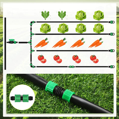 Diagram of 500 Ft 5 Eighth Inch Drip Irrigation Kit With 8 Inch Spacing Drip Tape installed in a garden with hose close-up