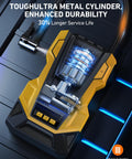 Dual Power Portable Tire Inflator with AC and DC Power, 150 PSI Max, LED Light, Compact Yellow Air Pump with metal cylinder