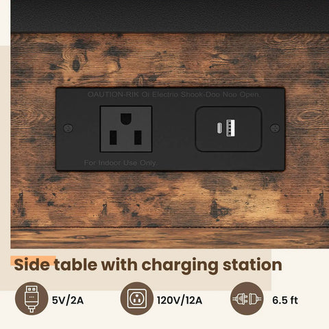Close-up of charging station on End Table With Charging Station And USB Ports, Flip Top Side Table With Two USB Ports And One AC Outlet.
