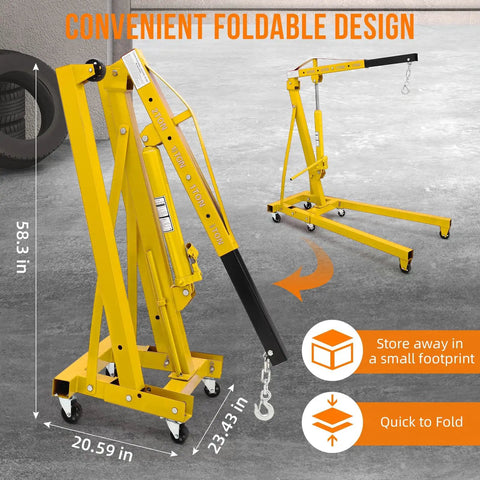 Heavy Duty 4000 Lbs Engine Hoist Featuring Slick Hydraulic Levers And A Fold Flat Boom Frame For Hassle Free Garage Tidying shown in folded position.
