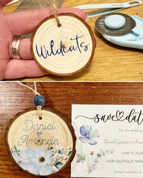Wood Slices 30 Pcs Predrilled Round Discs 3.5-4 Inches Unfinished Rustic Craft Kit With Bark For DIY Projects, close-up of two decorated discs.