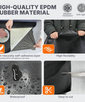 High-quality EPDM rubber roofing roll showing self-adhesive layer and waterproof features for flat roofs, measuring 39x16 feet.