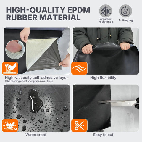 High-quality EPDM rubber roofing roll showing self-adhesive layer and waterproof features for flat roofs, measuring 39x16 feet.