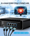 Enjoy No Sweat Cooling On This Celeron J6413 Fanless Mini Pc Hosting Four 2.5 Gigabit Lan Ports For Opnsense Router Rigs, Eight Gb Ram, One Twenty Eight Ssd, Hdmi Plus Type C Display Out, with four Ethernet ports and Intel i226V chip.