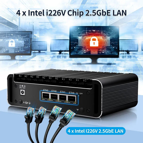 Enjoy No Sweat Cooling On This Celeron J6413 Fanless Mini Pc Hosting Four 2.5 Gigabit Lan Ports For Opnsense Router Rigs, Eight Gb Ram, One Twenty Eight Ssd, Hdmi Plus Type C Display Out, with four Ethernet ports and Intel i226V chip.