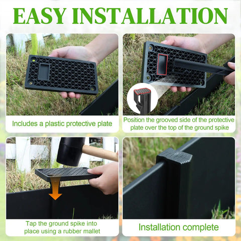 Easy installation of Heavy Duty Plastic Garden Stakes Set for Yard Fencing with protective plate and rubber mallet in use.