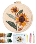 Sunflower Punch Needle Kit For Beginners - No-Fuss DIY Embroidery Starter Set with threads and tools on cream fabric in hoop
