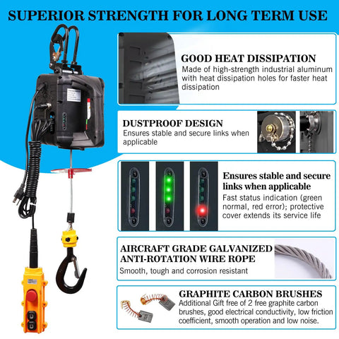 All In One Beefed Up Electric Hoist Winch 1100 Lb Portable With Double Hooks And Wireless Remote features and design details