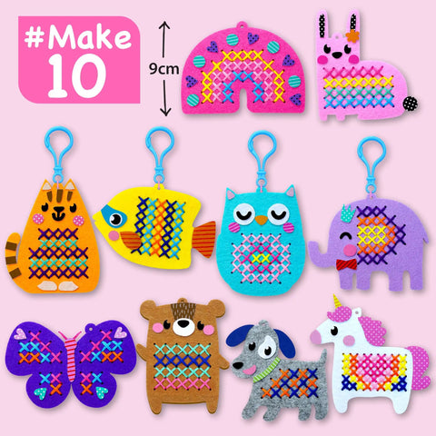 Beginner Needlepoint Cross Stitch Kit For Kids Ages Five To Eight with 10 colorful animal patterns including fish and unicorn.