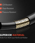 Close-up of power steering pressure hose material showing multi-layer reinforced rubber design.