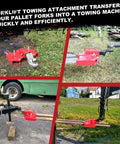 Heavy Duty Forklift Trailer Hitch Attachment With Dual 2 Inch Receiver crafted from rugged steel, shown on forklift forks for towing.
