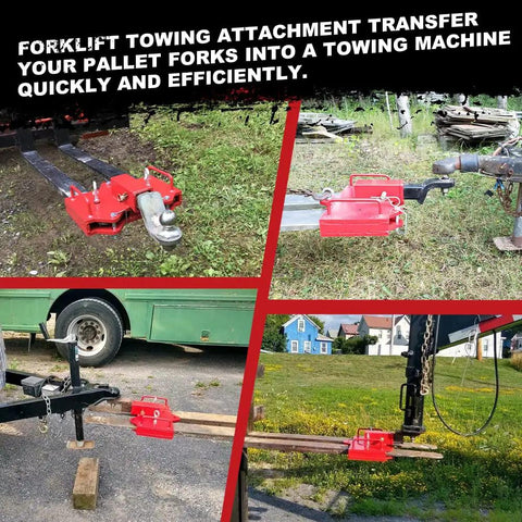 Heavy Duty Forklift Trailer Hitch Attachment With Dual 2 Inch Receiver crafted from rugged steel, shown on forklift forks for towing.