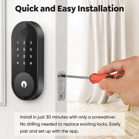 Fingerprint Smart Deadbolt with Keypad and App Control for Keyless Entry Security Lock for Home Apartment Rental featuring easy installation with a screwdriver.