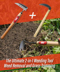 2-In-1 Weeding Sickle With Twist Blade For Root Removal And Crescent Blade For Grass Cutting, shown with wooden handles in use.