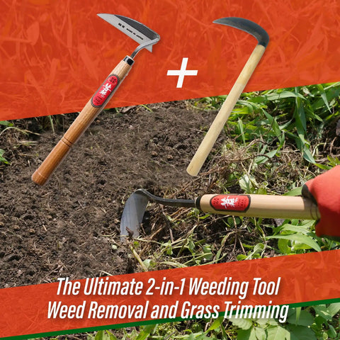 2-In-1 Weeding Sickle With Twist Blade For Root Removal And Crescent Blade For Grass Cutting, shown with wooden handles in use.