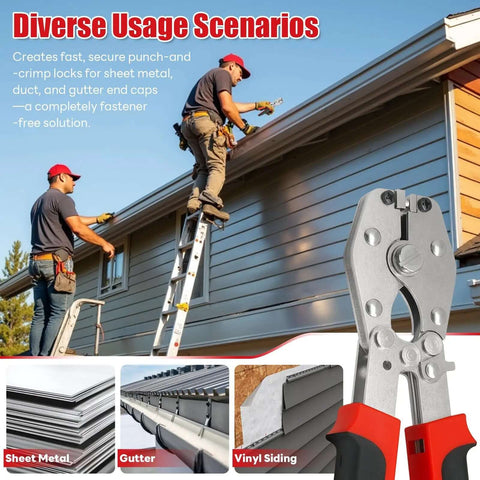 Locking Punch Notcher For Sheet Metal With Three Eighths Inch Wide Throat Gutter Crimping Tool demonstration on roof