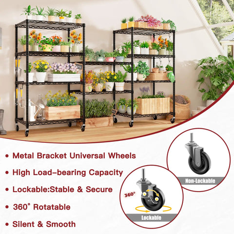 Wire Storage Rack On Wheels, Five Tier Metal Shelving For Kitchen Or Garage, 24 Inch Wide By 18 Inch Deep By 75 Inch High, NSF Approved Durable Steel Frame With Easy Roll Mobility, Perfect For Food, Spices, Utensils, And Daily Essentials, shown with plants