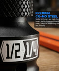Close-up of a 1/2 to 1/4 inch Cr-Mo steel adapter, part of Convert Your Impact Wrench Into An Impact Driver With A Quick Release Adapter Set