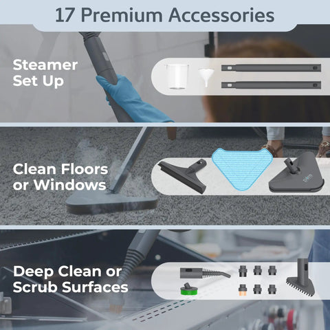 Straight Shooter Rolling Steam Cleaner With A Massive 1.5L Tank And 17 Nifty Attachments displaying premium accessories for cleaning.