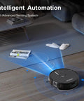 Robot Vacuum And Mop Combo With 5200Pa Suction No-Fuss Cleaning Settings Self-Charging 2-In-1 Mopping And Vacuuming Advanced Obstacle Avoidance For Effortless Spotless Floors in living room with sensing capabilities on wooden floor.