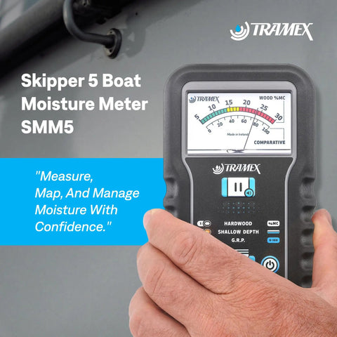Skipper 5 Boat Moisture Meter SMM5 handheld analog gauge for GRP hull moisture checks, shown in use