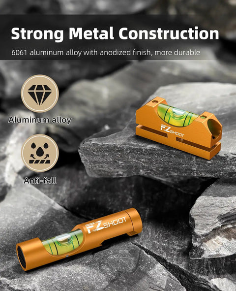 Scope Leveling Kit With High Precision Bubble Level And Universal Magnetic Level For Riflescopes in gold finish on rocks.