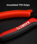 Close-up view of 6 Inch Flush Wire Cutters With Built In Stripping For Copper Aluminum And Insulated Wires with insulated TPR grips