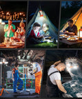 People using Rugged 12000mAh Camping Light With Stand Crazy Bright 10000 Lumen Dimmable Cordless Work Light With Three LED Heads Magnetic Emergency Flashlight And 79 Inch Detachable Tripod For Outdoors in various settings like camping, dining, and car repair.