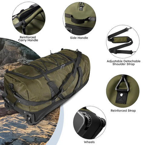 Expandable To 140L Duffle Bag With 2 Beefy Wheels, Oxford Soft Sided Rolling Carry On, dual compartments, shoulder strap