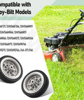Two Pack Eight Inch Front Wheel Drive Assembly For Walk Behind Mowers Fits MTD Troy-Bilt Craftsman Replaces 634-06986 703386 634-0244 734-04475 Durable Plastic And Rubber Wheel Set With One Half Inch Bore And Two And One Eighth Inch Width, shown with compatible Troy-Bilt lawn mower.