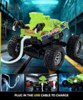 Monster Truck RC Car With 2.4GHz Remote 1 To 64 Scale Colorful Lights And Metal Body Shell 360 Spin And Auto Demo Durable Off Road Toy For Boys And Girls Ages 6 7 8 9 10 Green Easy To Control For Beginners charging via USB cable