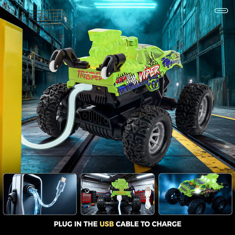Monster Truck RC Car With 2.4GHz Remote 1 To 64 Scale Colorful Lights And Metal Body Shell 360 Spin And Auto Demo Durable Off Road Toy For Boys And Girls Ages 6 7 8 9 10 Green Easy To Control For Beginners charging via USB cable