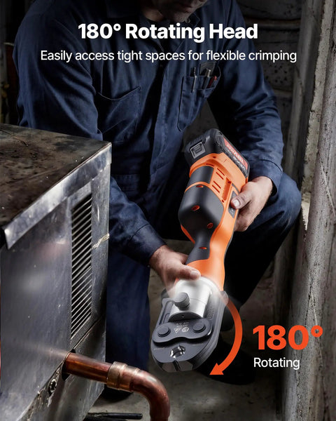 VEVOR 18V Electric Pipe Press Tool With Six VUS Jaws for Copper Crimping, showcasing 180° rotating head for tight spaces.