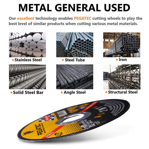 Ultra Thin Cutting Discs 25 Pack 115x1x22mm For Metal And Stainless Steel Fast Clean Cuts For Angle Grinder displayed with metal types