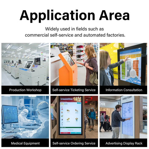 Image showing the application areas of a Sleek 15.6 Inch All In One Touchscreen Desktop PC With FHD Display And Win 11 Pro N5095 CPU 8GB RAM 128GB ROM for kiosks.