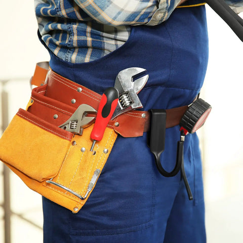 Heavy Duty Tool Belt Clips Six Pack holding wrenches and tools in a secure utility belt for construction use.