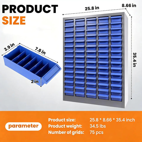 Beefy 75 Drawer Bolt And Nut Organizer With ABS Drawers And Alloy Steel Frame, Laser Welded Heavy Duty Cabinet For Tools And Fasteners, Durable Small Hardware Storage Case, 3.9 Inch Depth, 7.8 Inch Width. 75-drawer cabinet size 25.8 x 8.66 x 35.4 in